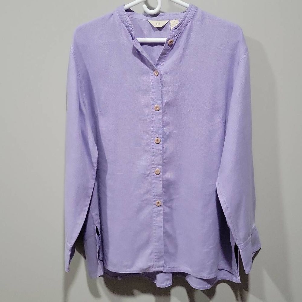 J. Jill Top Shirt Women Size M Lavender 100% Linen Button Up 3/4 Sleeve Pleated